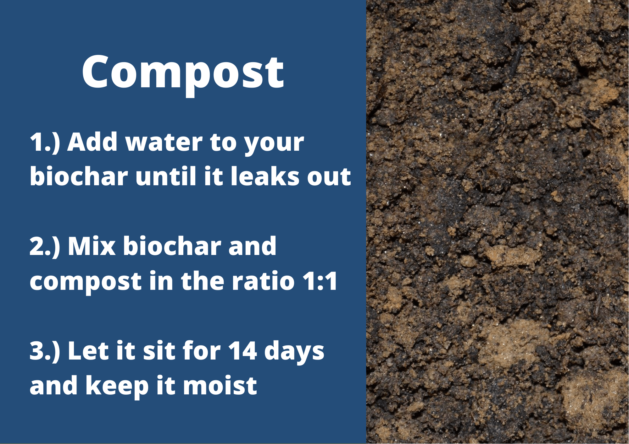 This is a graphic that explain how to charge biochar with compost. On the right side there is a picture of compost. On the left side are three steps that descripe how to charge biochar with compost. First, Add water to your biochar until it leaks out. Second, Mix biochar and compost in the ratio one to one. Third, let it sit for fourteen days and keep it moist.