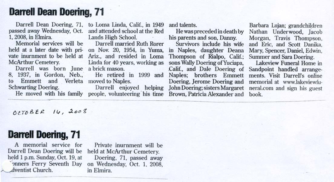Doering, Darrell Dean 1937 2008 New Obituaries