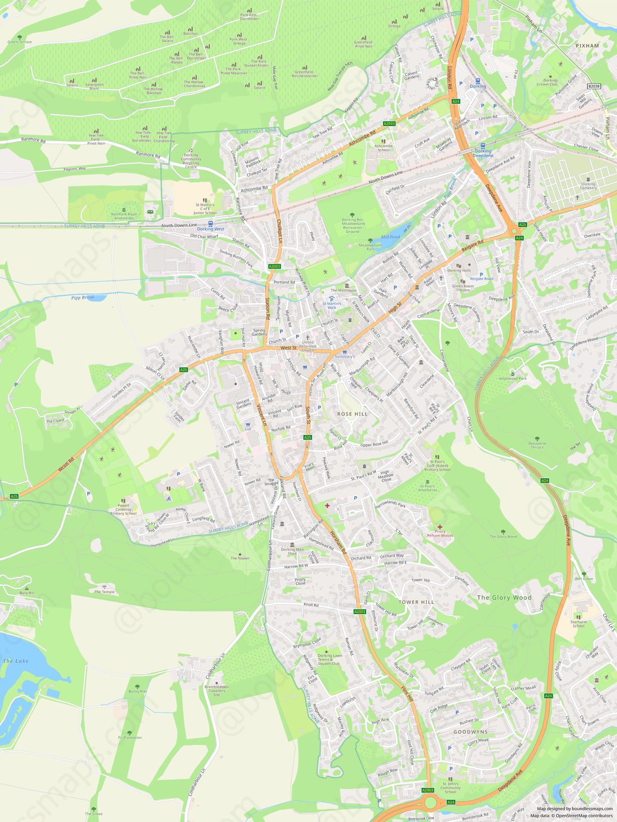 Dorking Modern Atlas Vector Map Boundless Maps