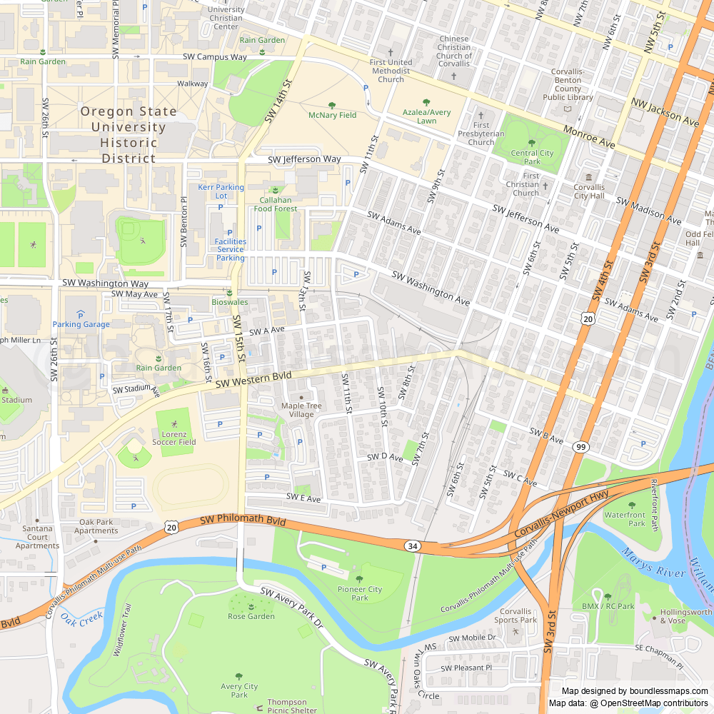 Highly detailed printable and editable vector map of Corvallis https
