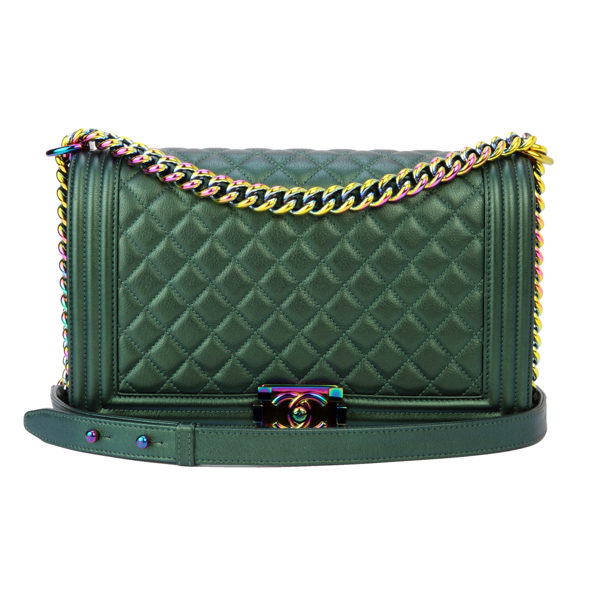 CHANEL New Medium Boy Green Iridescent Goatskin Rainbow Hardware 2016