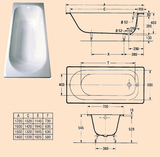 Размеры чугунных ванн