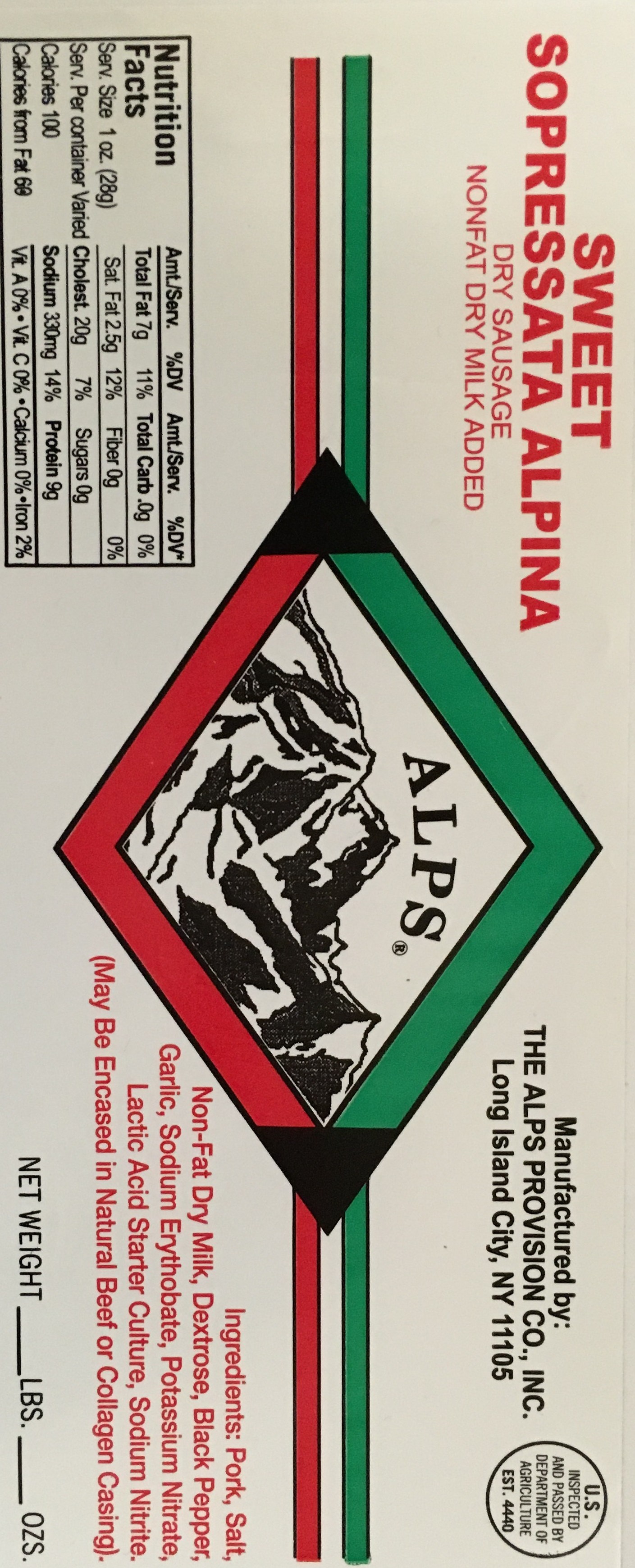 Alps Sweet Sopressata Bova Foods