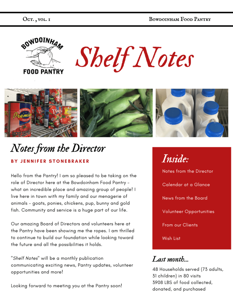 October 2021 Newsletter Bowdoinham Food Pantry