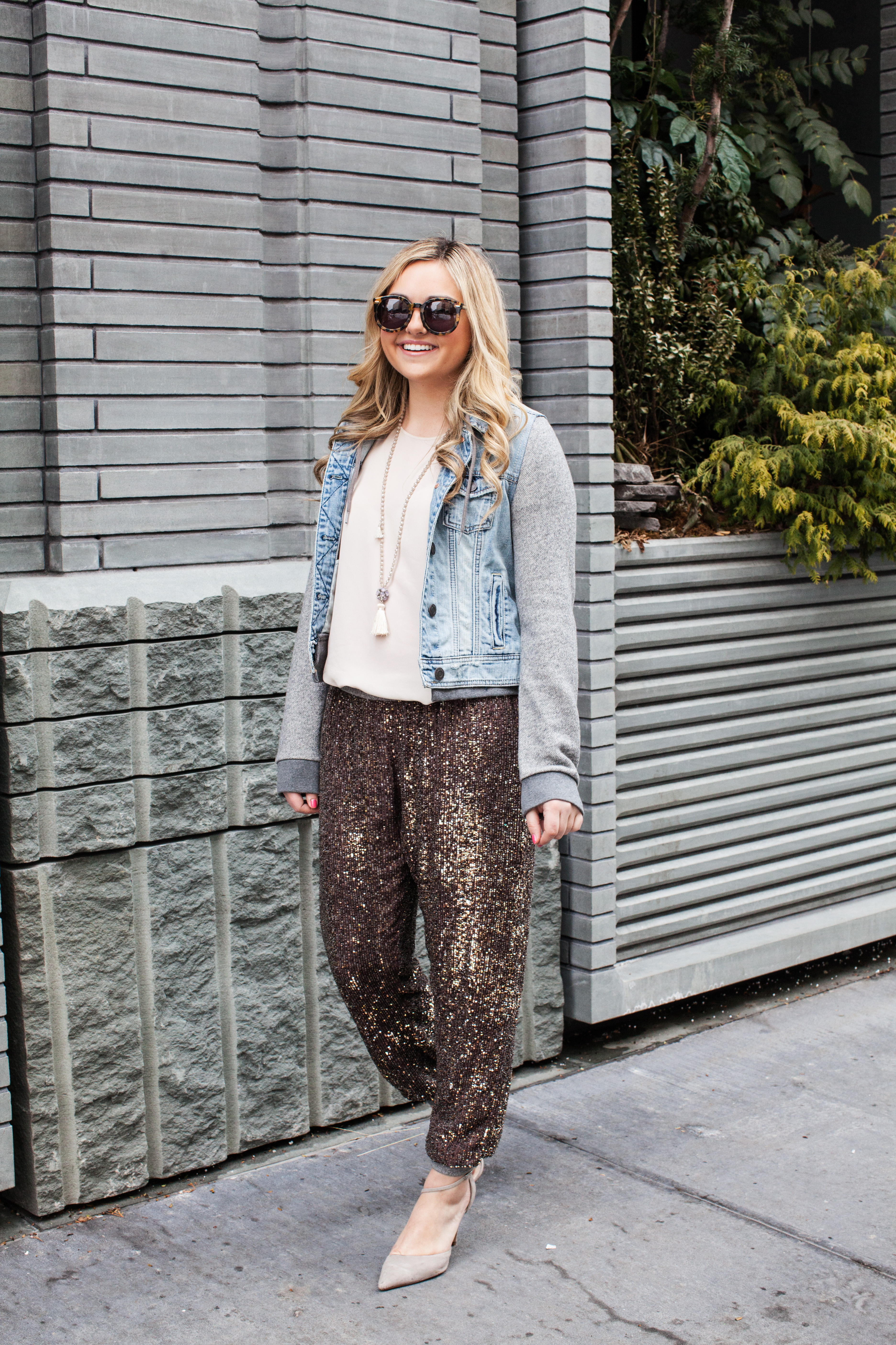 denim jacket, sequin sweatpants — bows 