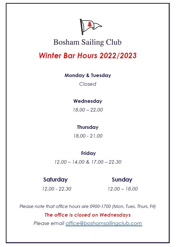 Bosham Sailing Club Clubhouse & Bar Opening Hours