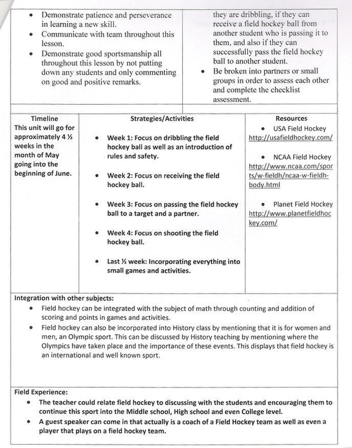 Unit Plan (Field Hockey) Bobby Pelaccio's Portfolio
