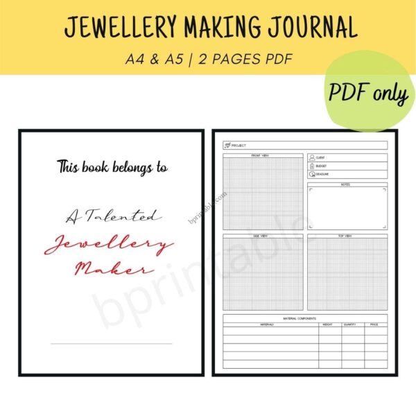Printable Jewellery Making Journal, Handmade Business Owner Notebook