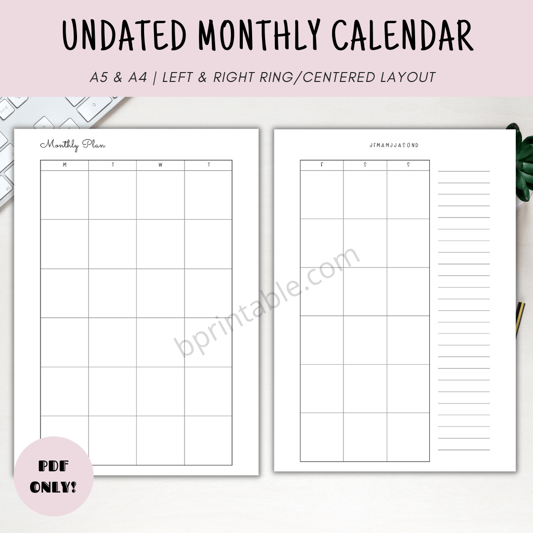 Printable Undated Calendar Monthly Planner EasytoUse