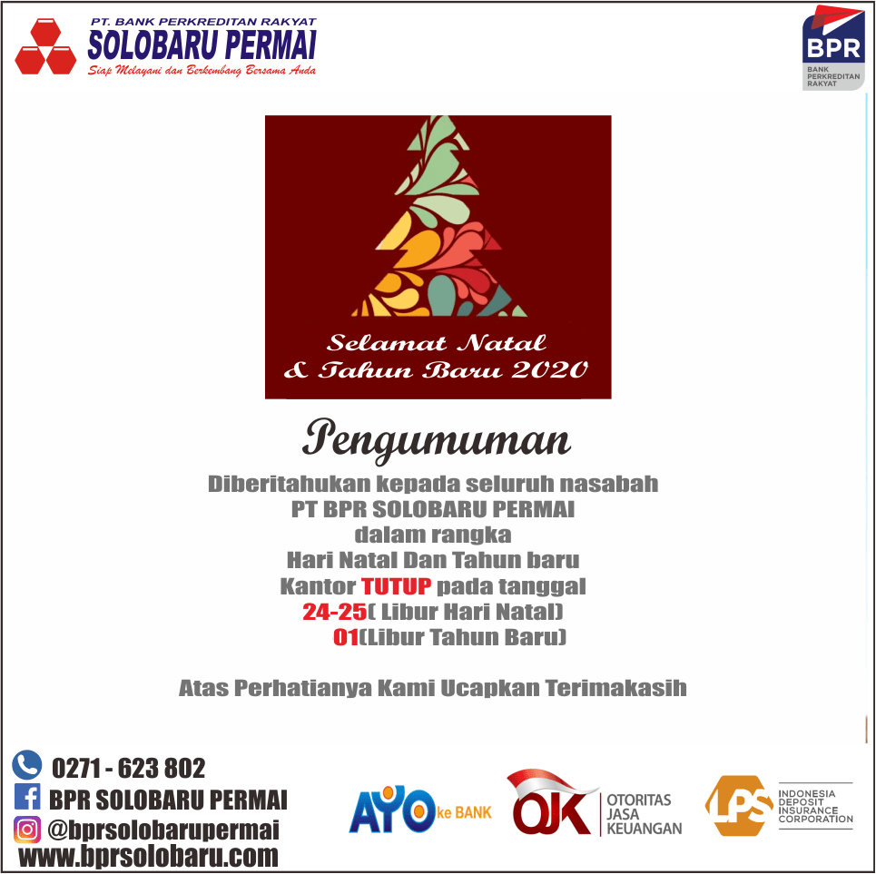 PENGUMUMAN LIBUR NATAL, TAHUN BARU DAN PELAYANAN TERBATAS BPR