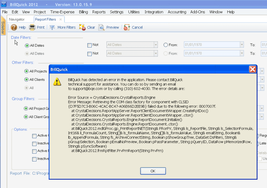 Crystal Reports error in BillQuick BQE Knowledgebase