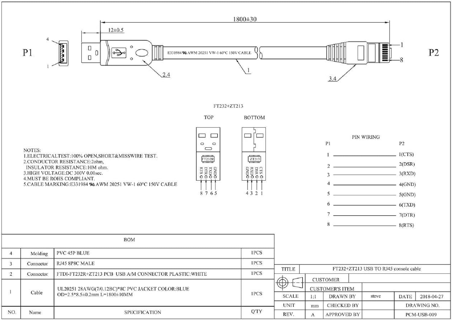 CABLE MOYINA FT232RL USB SERIAL RJ45 CONSOLE BradTech Computer