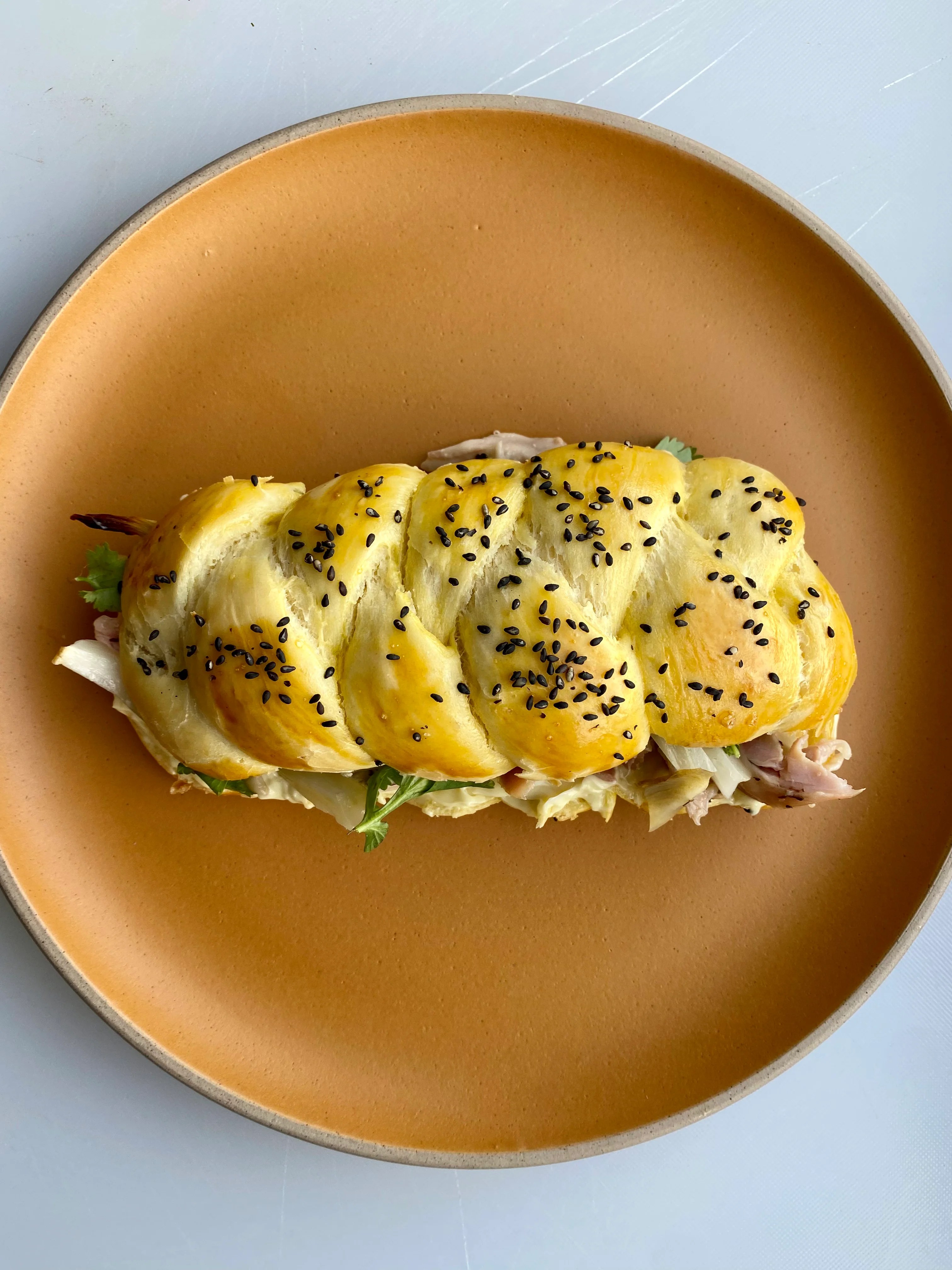 Roasted chicken & fennel challah sandwich braid bakery