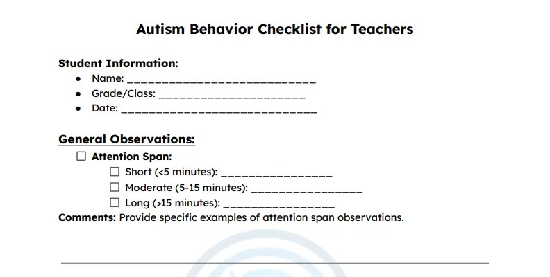 Autism Behavior Checklist for Teachers - Pdf Free Download