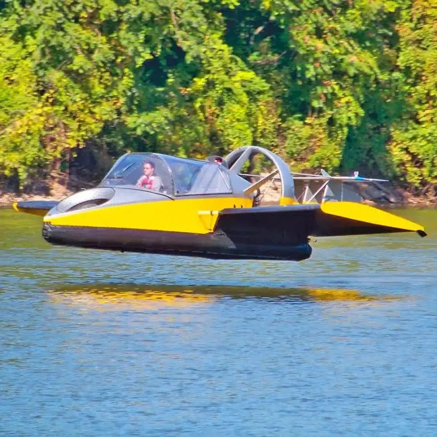 This Awesome flying hovercraft has the ability to travel over land or