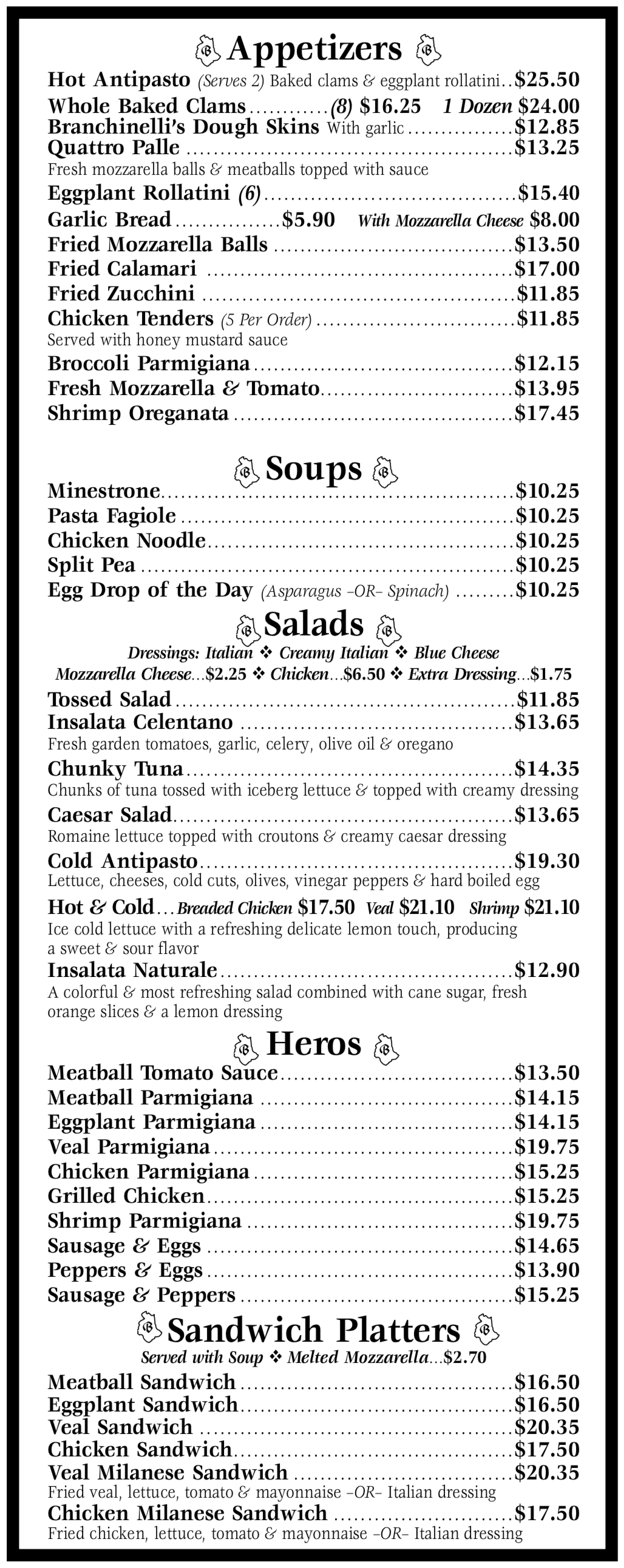 Menu Branchinelli's Pizzeria & Restaurant