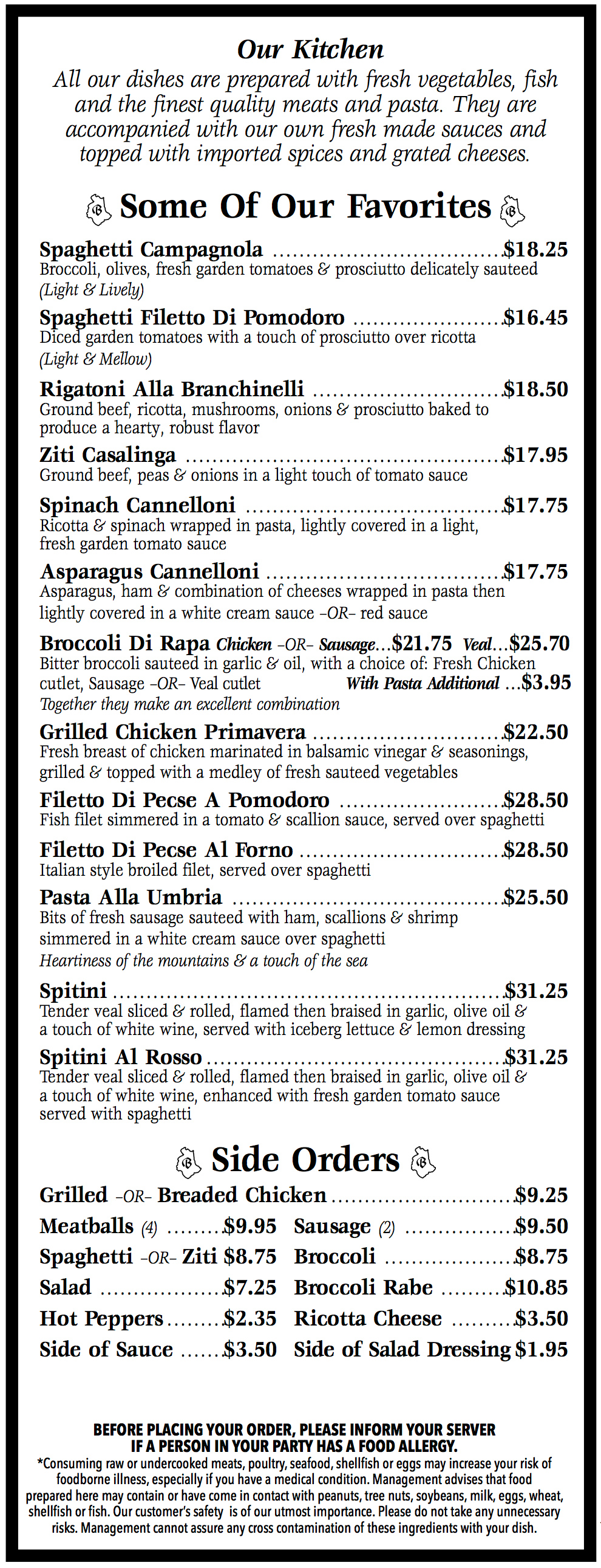 Menu Branchinelli's Pizzeria & Restaurant