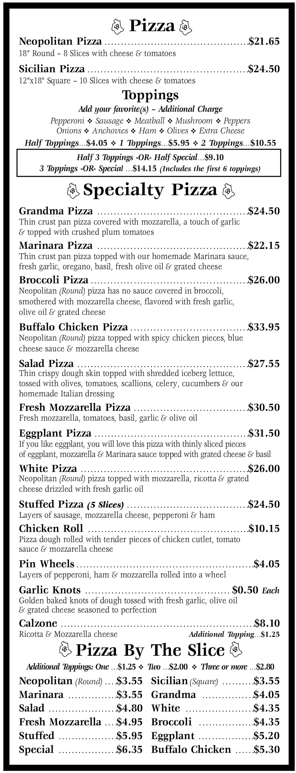 Menu Branchinelli's Pizzeria & Restaurant