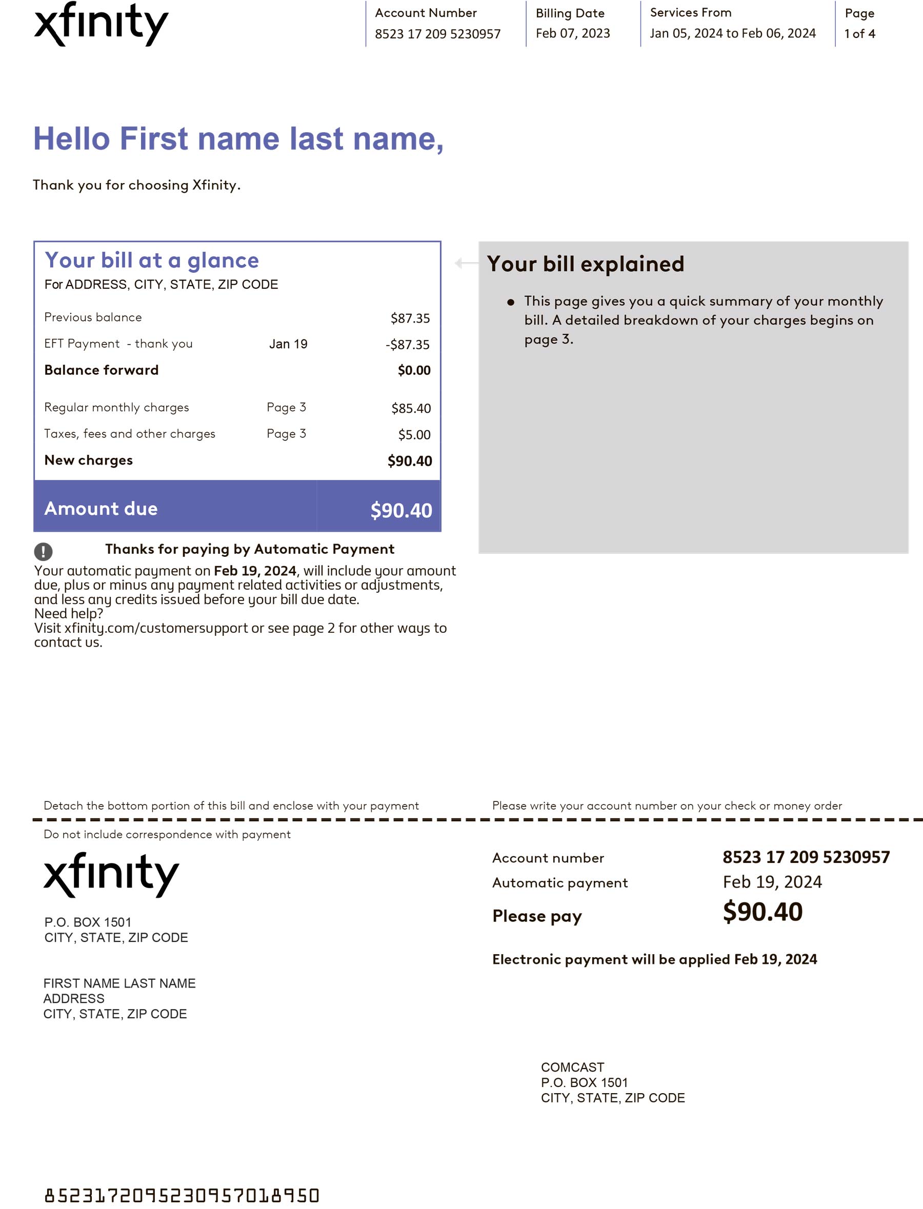 Xfinity bill template Fake Xfinity bill & Sample Comcast