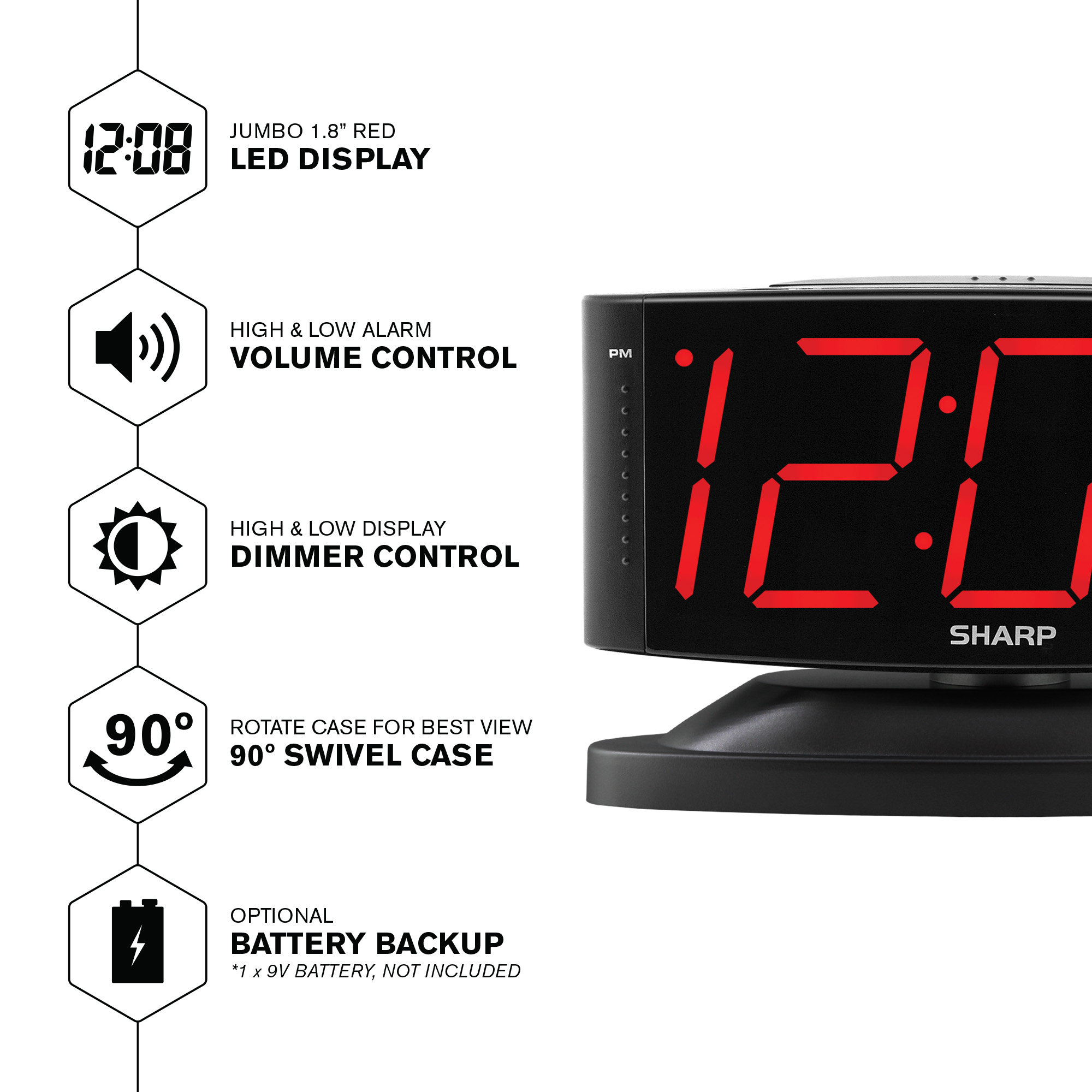 Sharp Alarm Clock with Jumbo Display and Swivel Case in Black SPC033A