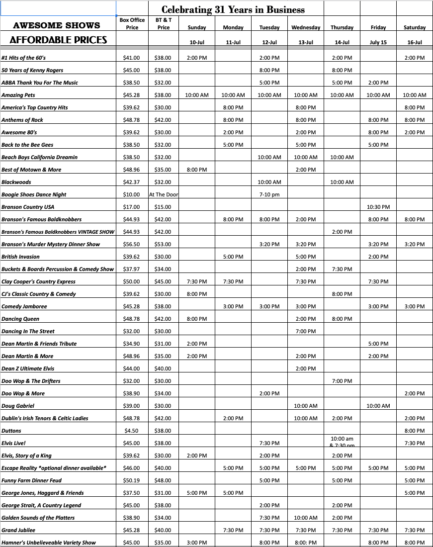Show Schedule Branson Ticket & Travel