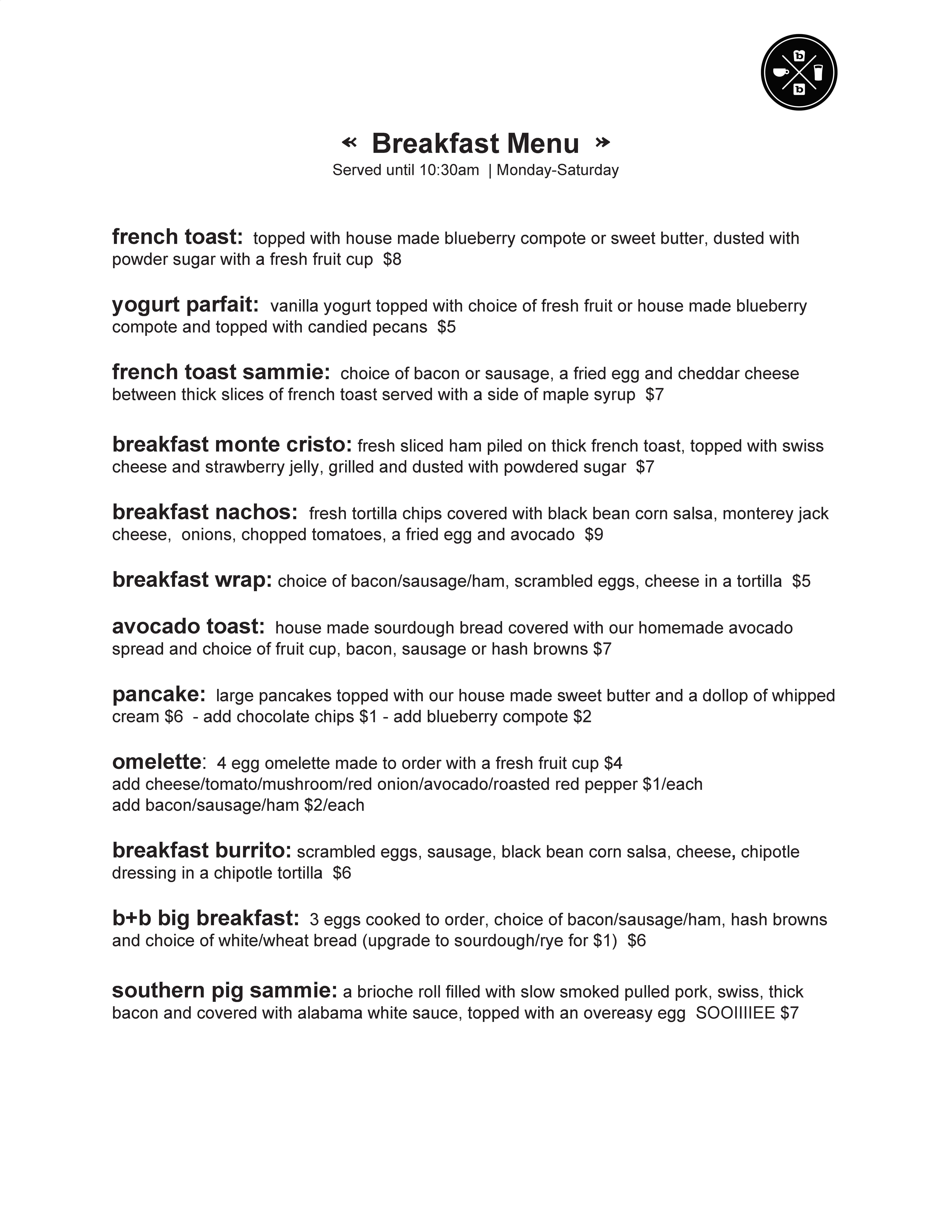 Breakfast Menu_Fall2018_bread+butter Bread + Butter
