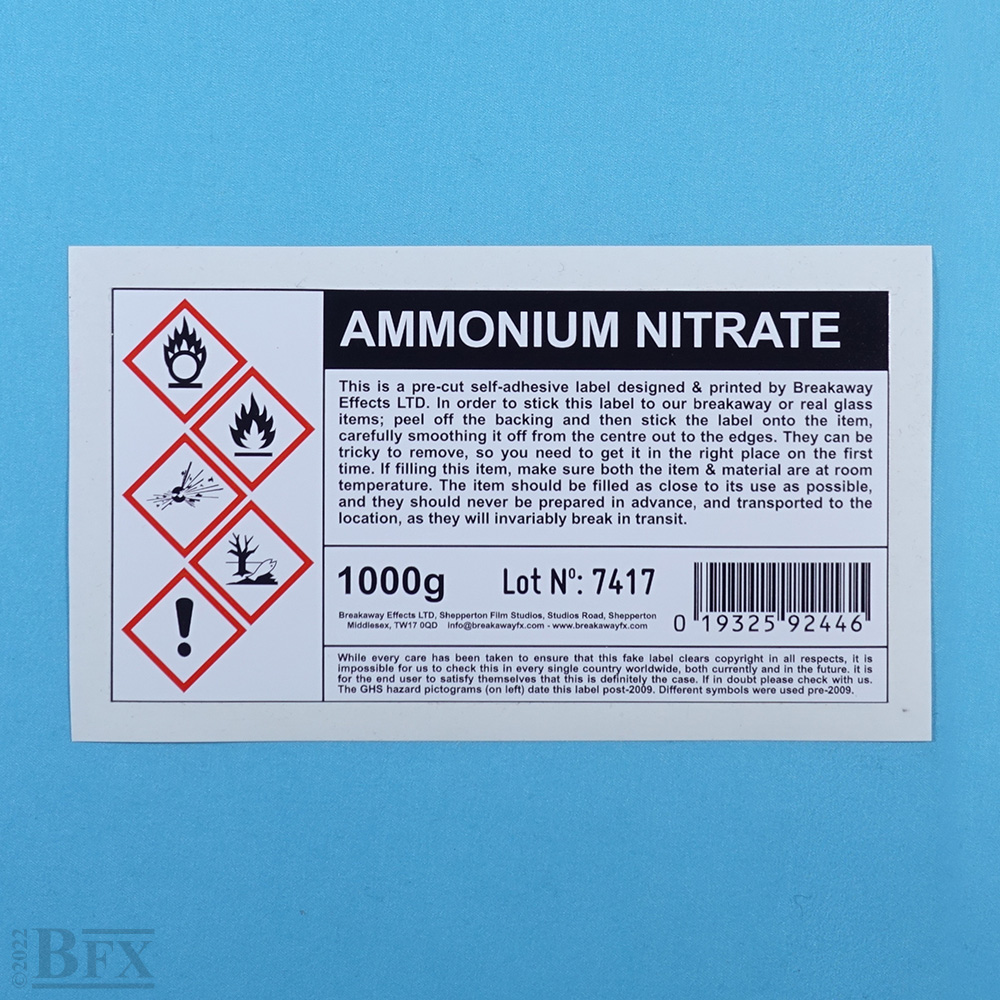 CL01 Ammonium Nitrate Chemical Bottle Label Breakaway Effects