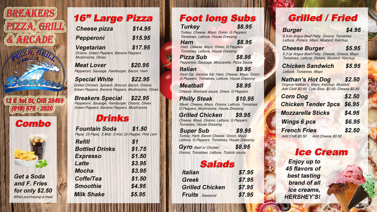 Full Menu Breakers Pizza, Grill & Arcade (910)5792020