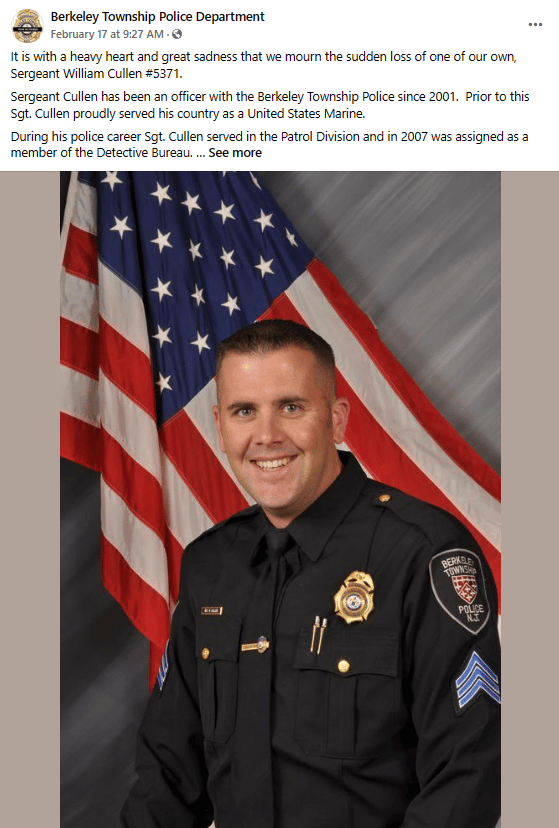 Another New Jersey Police Sergeant, William Cullen, Dies Suddenly