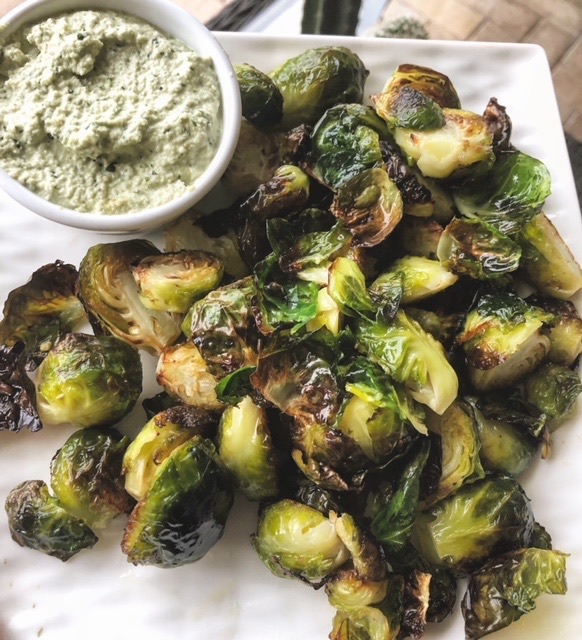 Crispy Brussel Sprouts with Cashew Basil Dip Breast Cancer Conqueror