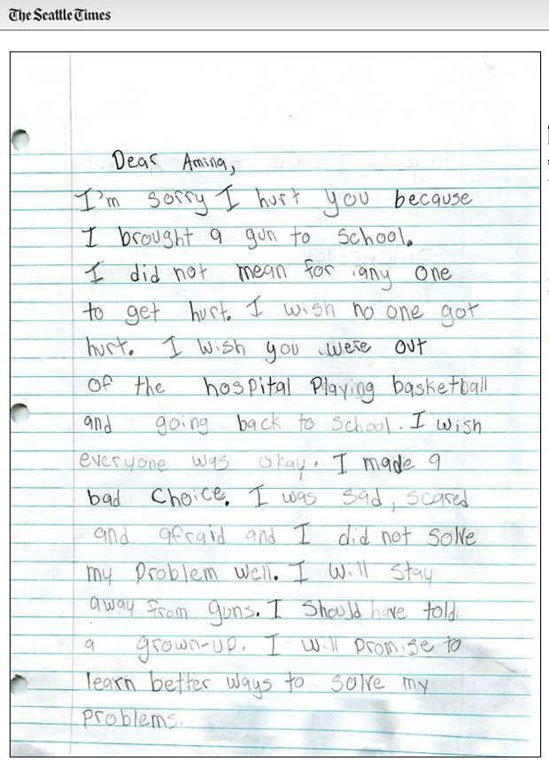 Menino de 9 anos escreve carta de desculpas após ferir