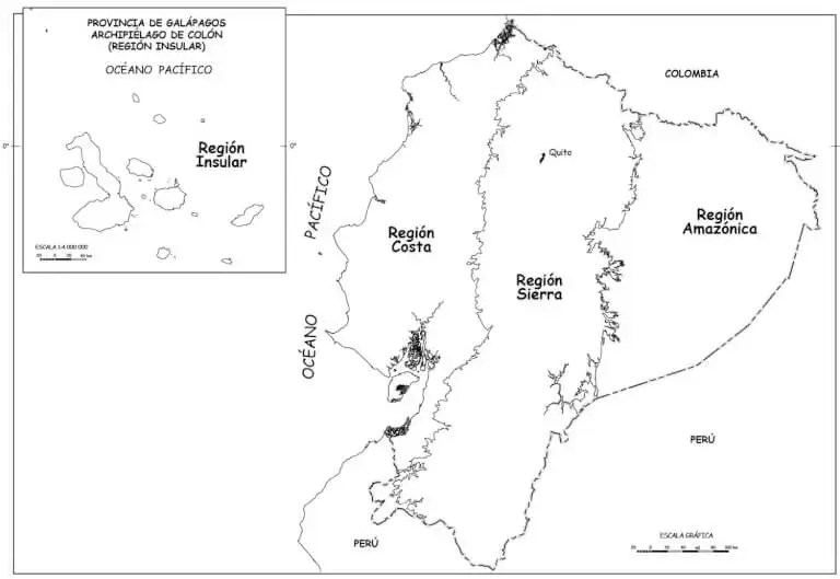 Mapa del Ecuador Regiones Sierra, Costa, Amazonía, Insular 2024
