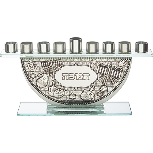 Chanukah Menorah for Oil Cups Glass, Decorative Facing Breslev