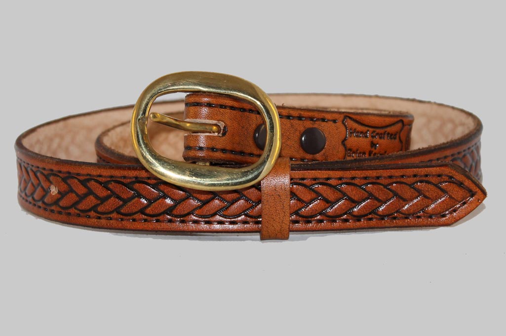 1" wide Leather Belt Saddle Tan Hand Stamped Leatherwork by Brian