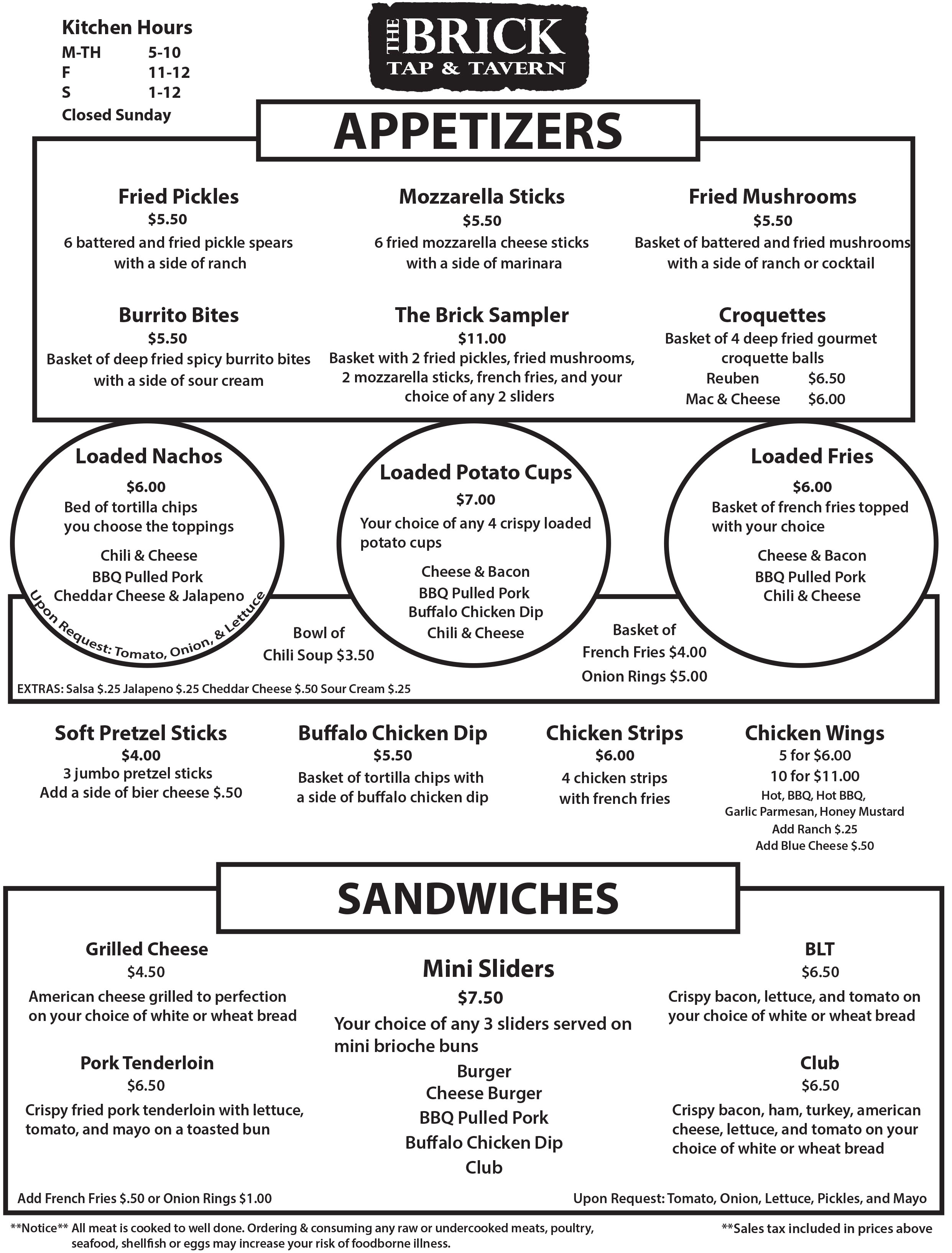 Menu The Brick Tap & Tavern