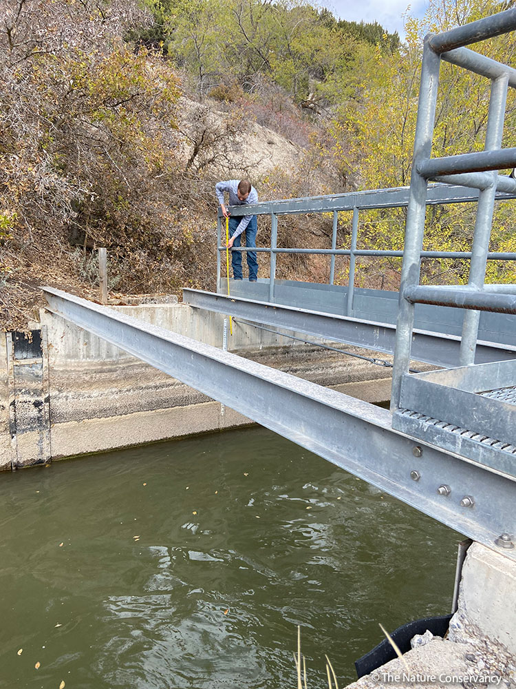 Measuring from Control Structure Bear River Canal Company Tour Oct 2021 Courtesy The Nature Conservancy