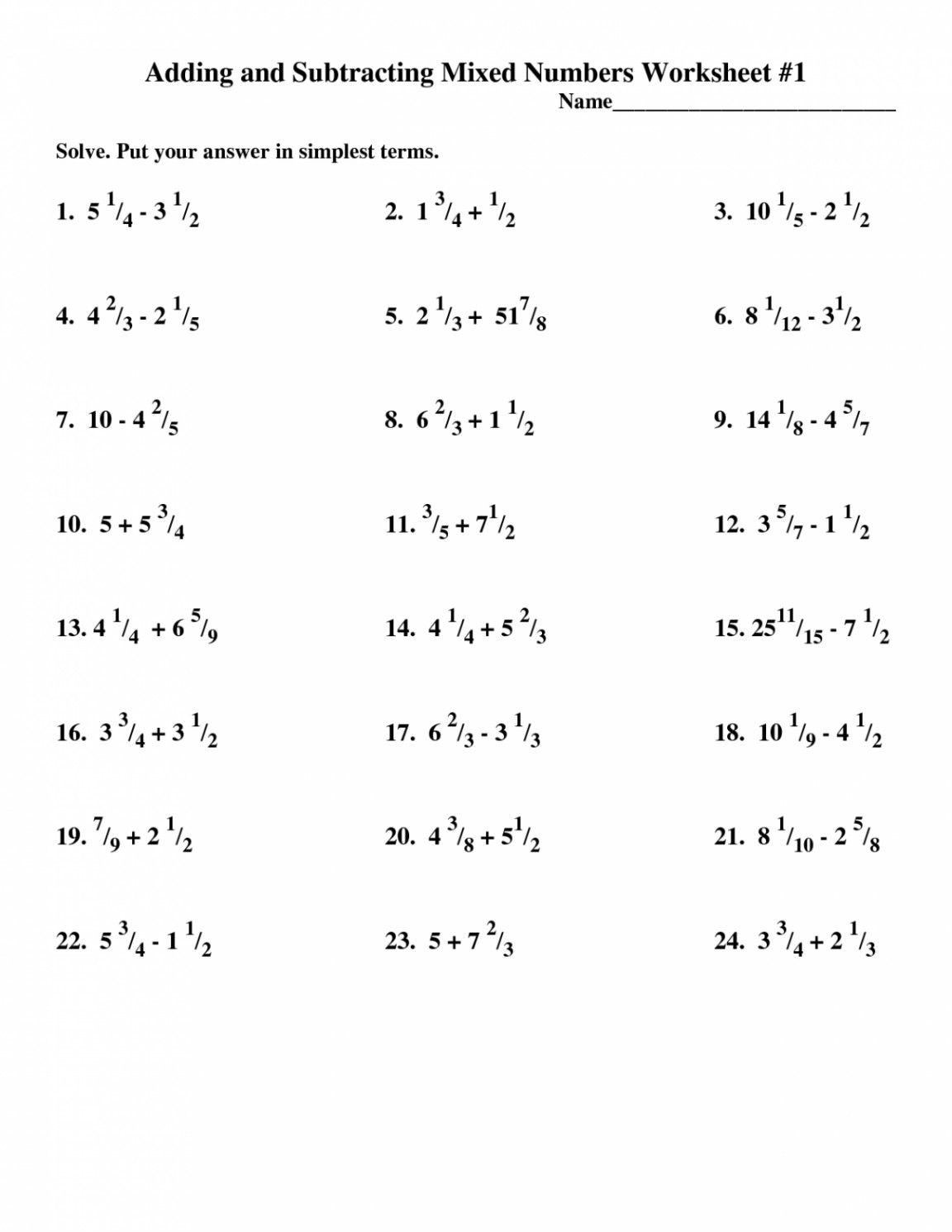 Adding Subtracting Multiplying and Dividing Fractions Worksheet