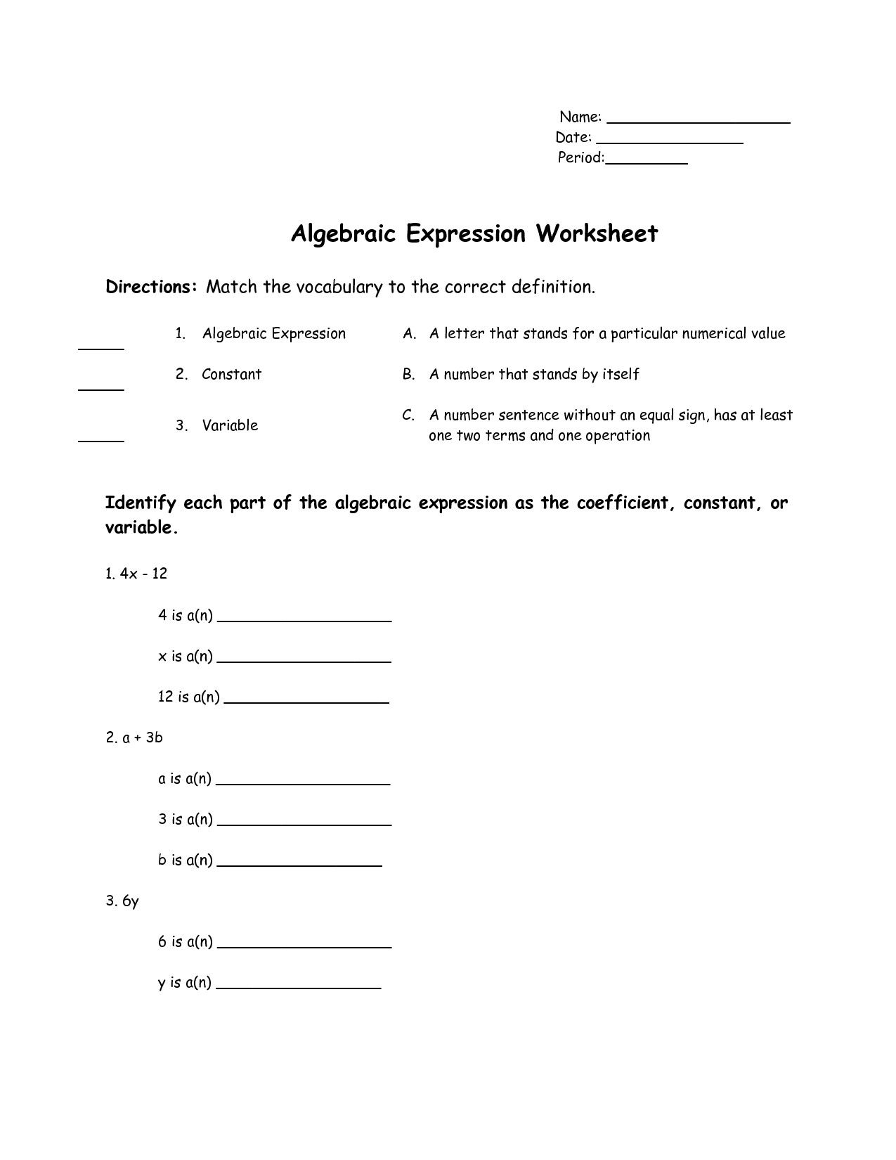 Simplifying Algebraic Expressions Worksheet Answers