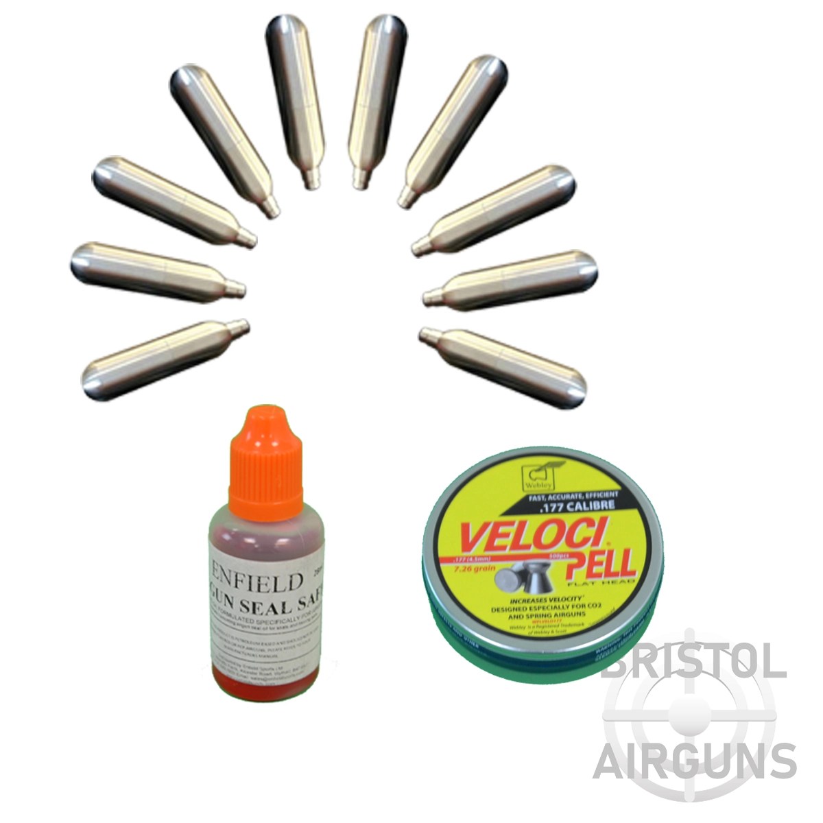 Starter Kit CO2 Airgun .177 Pellets 10x Co2 Cylinders Seal Safe