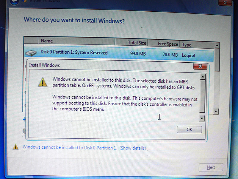 Windows cannot install to this disk. The selected disk has an MBR