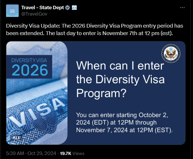 DV2026 entry period extended to November 7th
