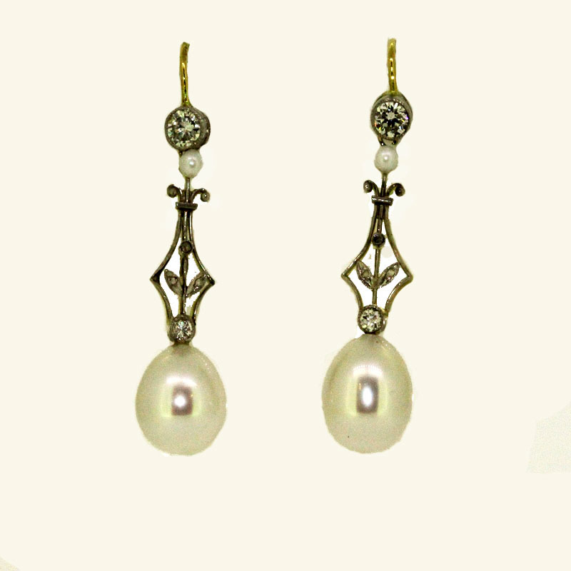 Art Deco 18ct & platinum diamond & pearl drop earrings Broadleys Fine