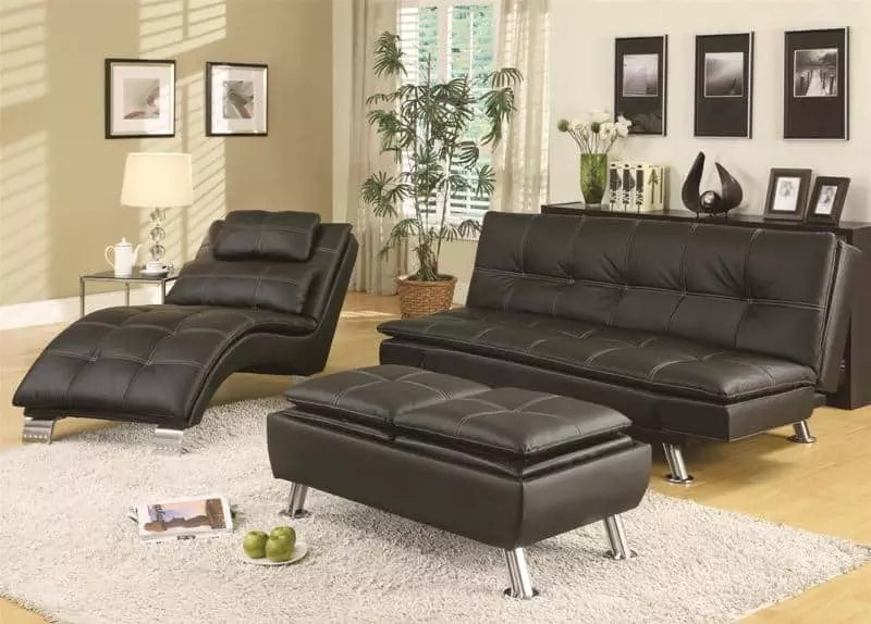Dilleston Black Vinyl Sofa Bed, Chase, & Storage Ottoman Set Broad