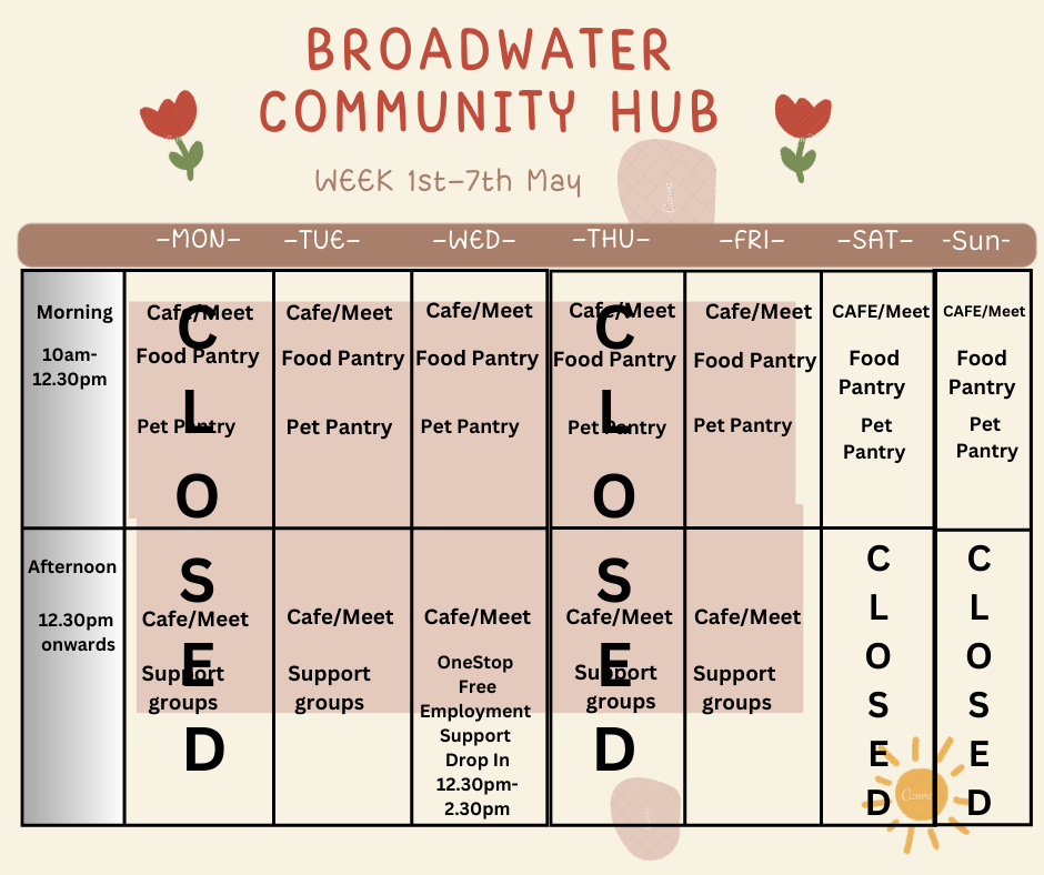 Opening Times Broadwater Support Community Hub