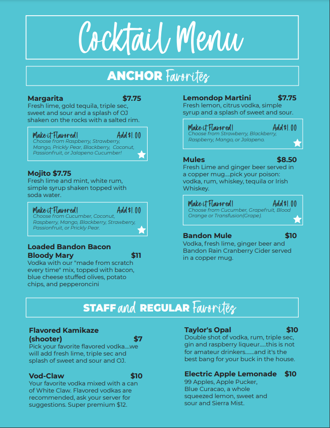 Menu Broken Anchor Bar & Grill