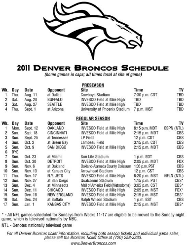 Broncos Schedule Printable | Francesco Printable