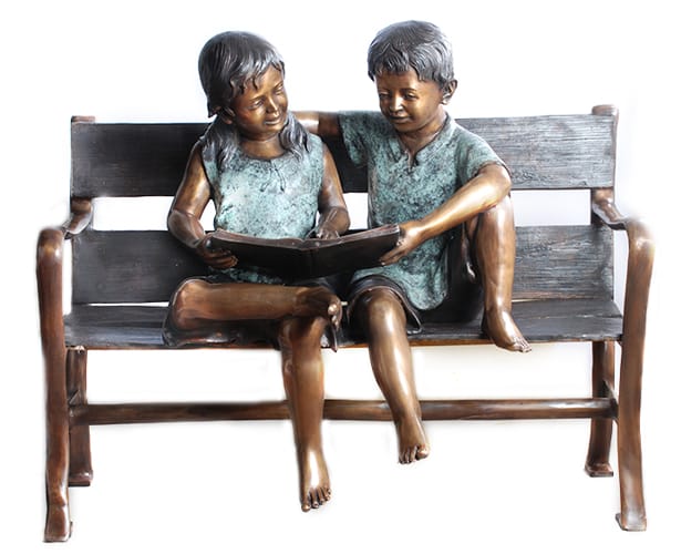 Bronze Girl & Boy Umbrella Bench Statue