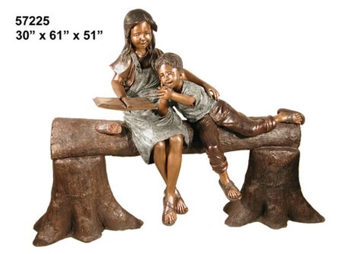 Bronze Girl & Boy Umbrella Bench Statue