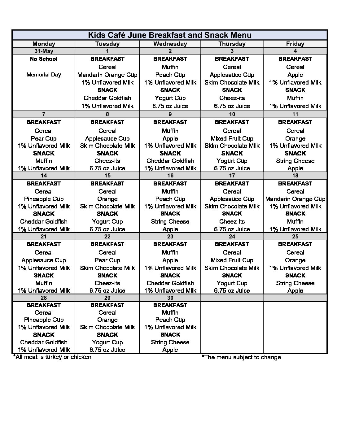 Food Menus Brookside Charter School