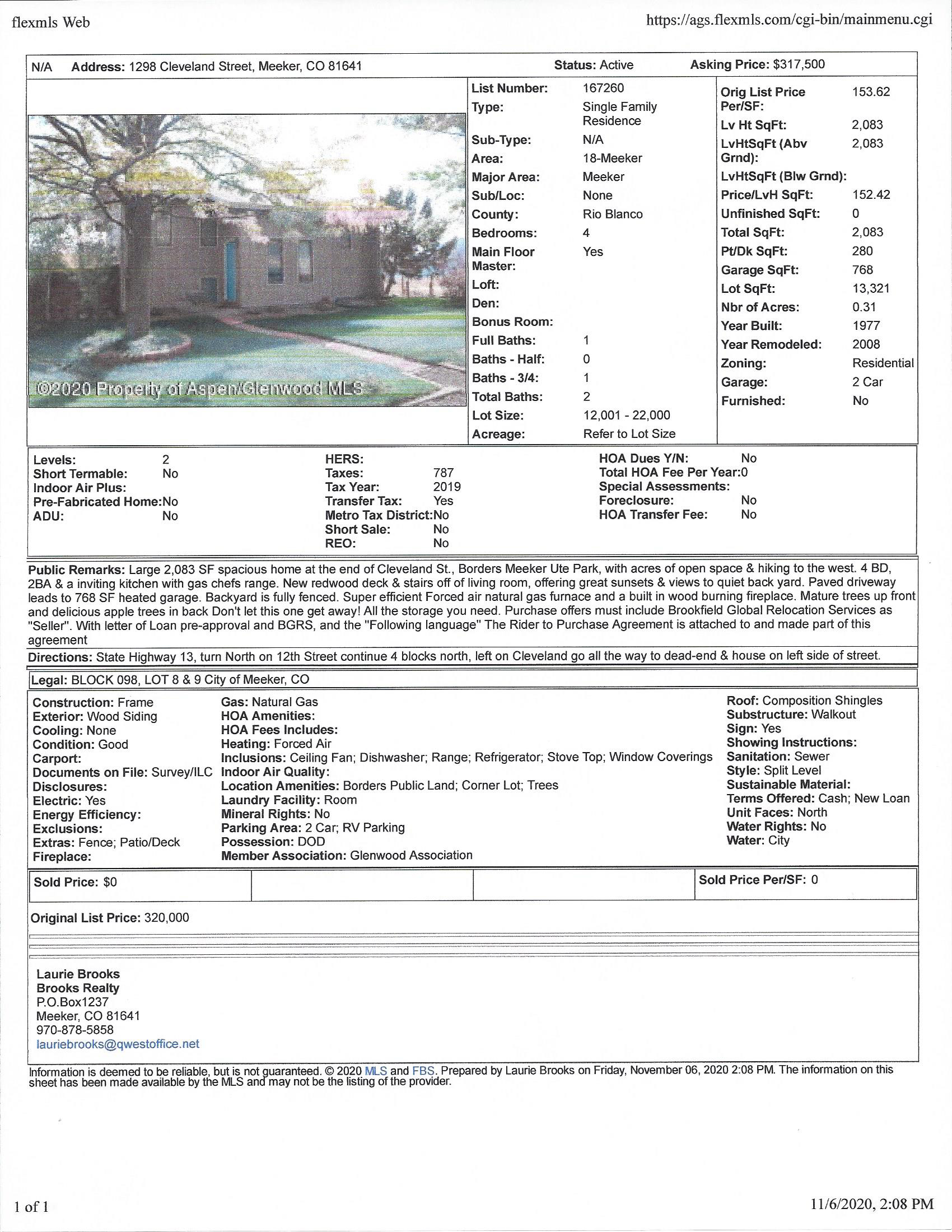 SOLD! 1298 Cleveland Street to Brooks Realty, Meeker Colorado